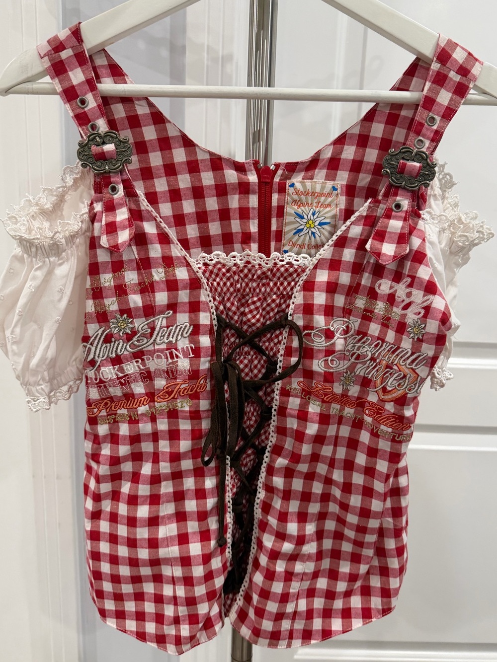 Vintage Stockerpoint Alpine Team Top Red Gingham Corset Blouse Mieder Small